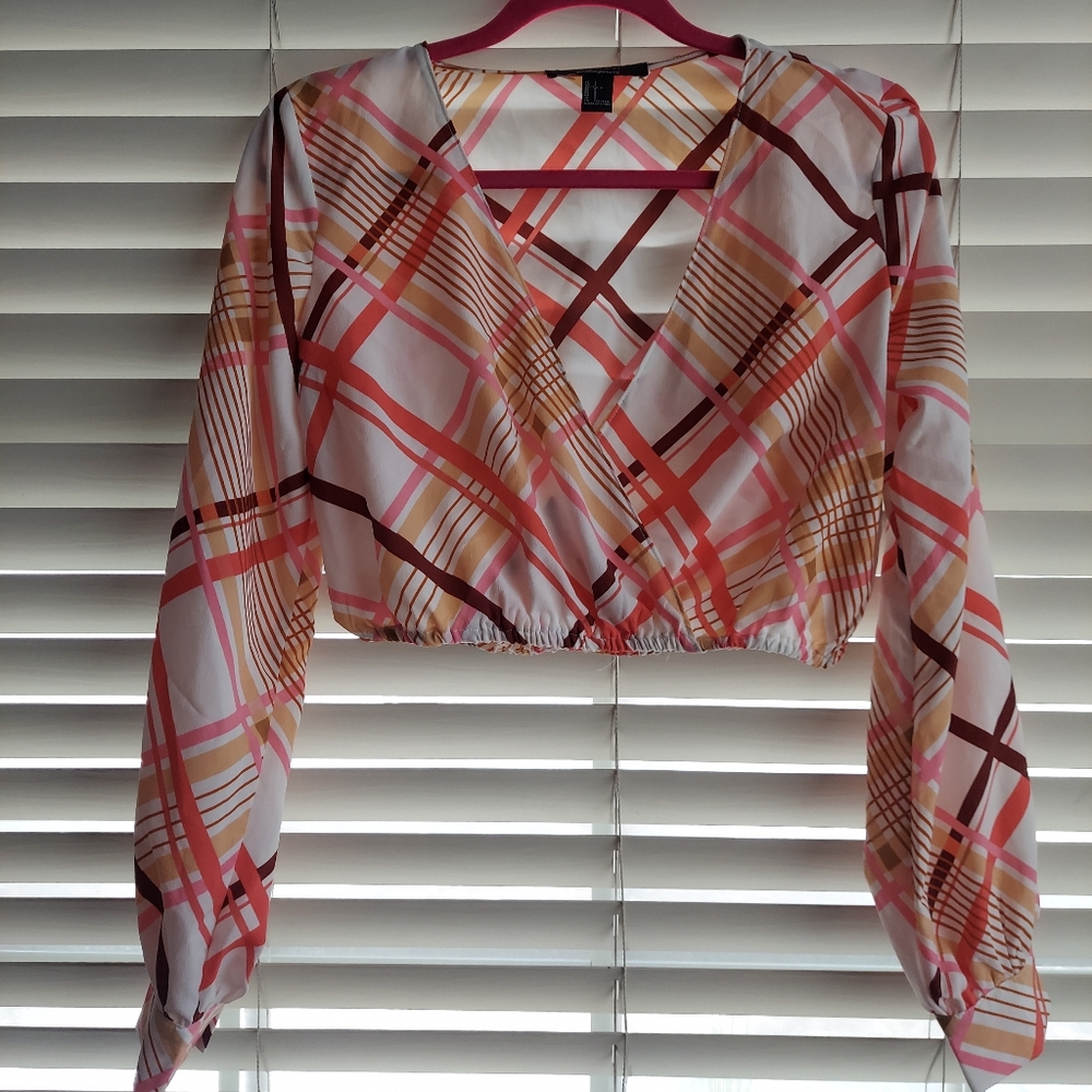 Forever 21 Pink & Orange Plaid Long Sleeve Crop Top | Y2K Summer Top | Size S